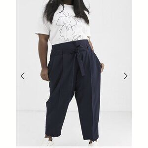 ASOS Curve Navy Tailored Tie Waist Tapered Ankle Pants